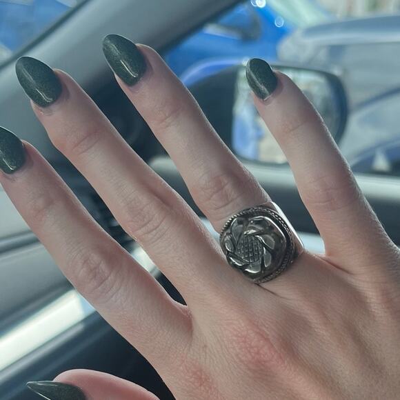 Vintage Carved Pale Green Flower Stone Wide Band Chunky 925 Sterling Silver Ring - Picture 12 of 14